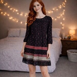 J. Jill Black Floral Medallion Tiered Cotton Dress Lace Trim 3/4 Sleeve Small